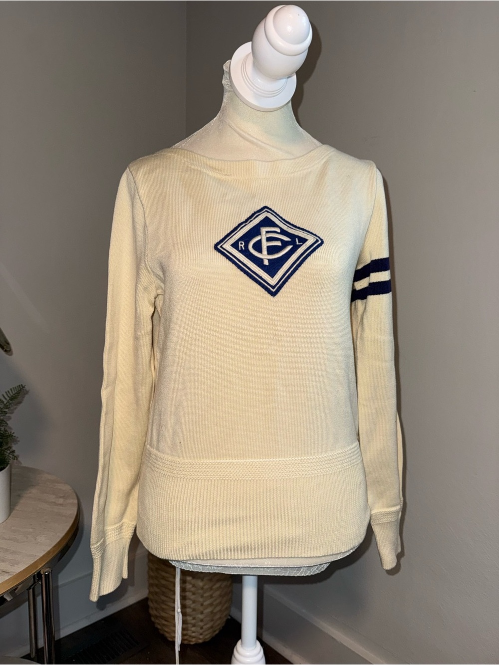 Ralph Lauren Rugby Cream Sweater with Navy Crest and Arm Stripes